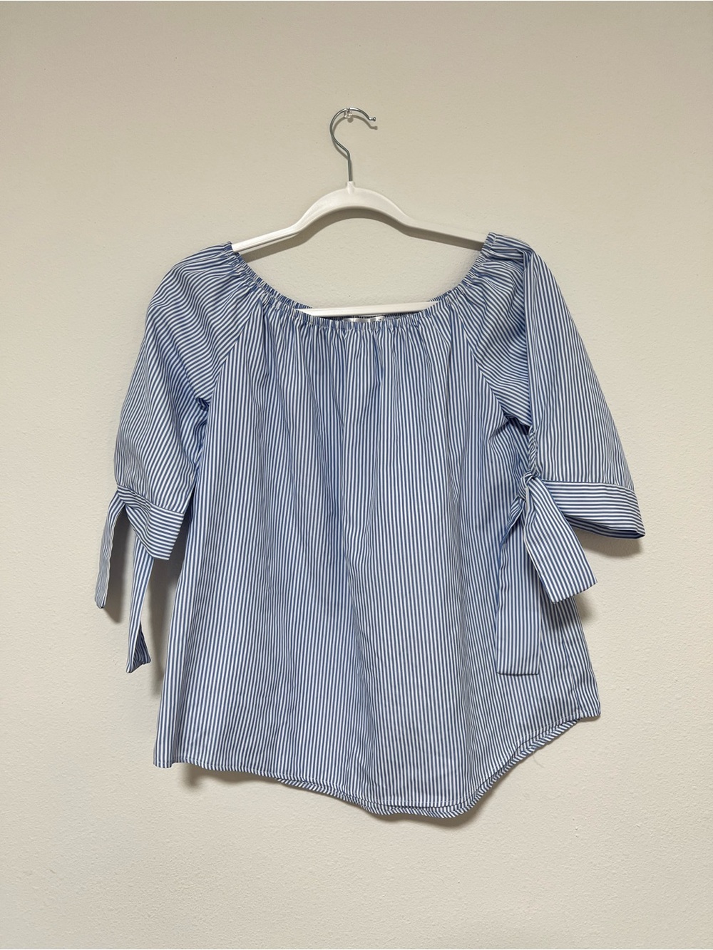 Roommates Blue Stripe Loose Off-Shoulder Tie-Sleeve Top